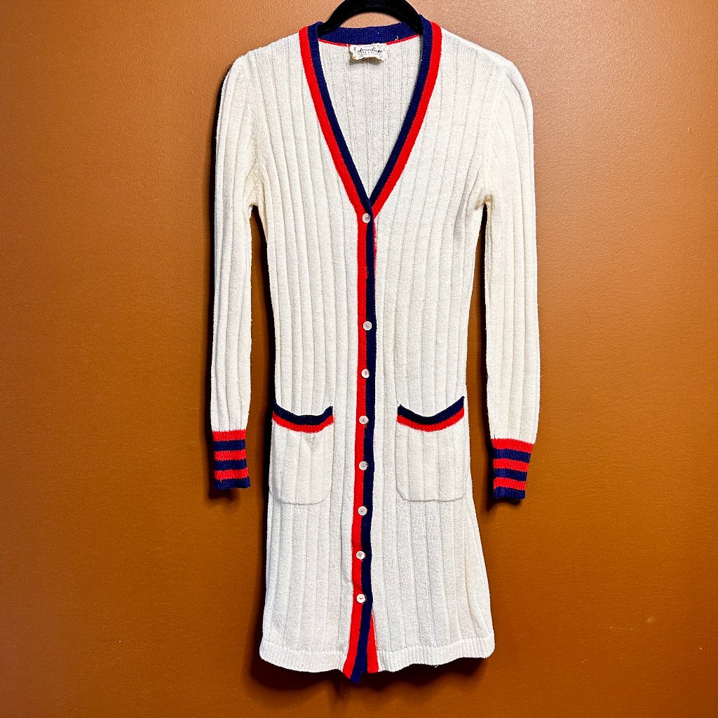 Vintage International Boutique White Maxi Cardigan W/ Red & Blue Details S